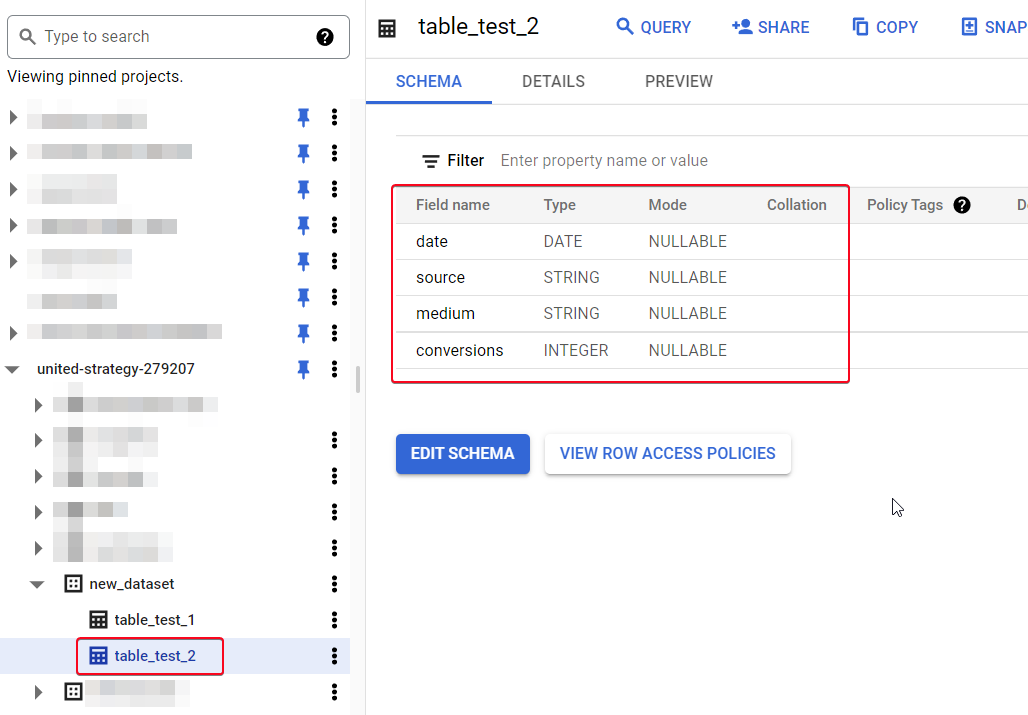 Иллюстрация: Создание таблиц в Google BigQuery через UI, также через оператор CREATE table