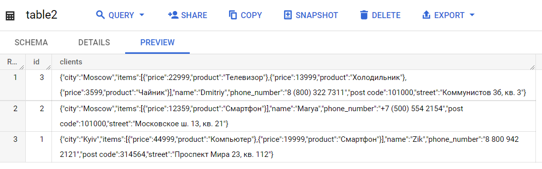 Иллюстрация: Использование JSON в Google BigQuery