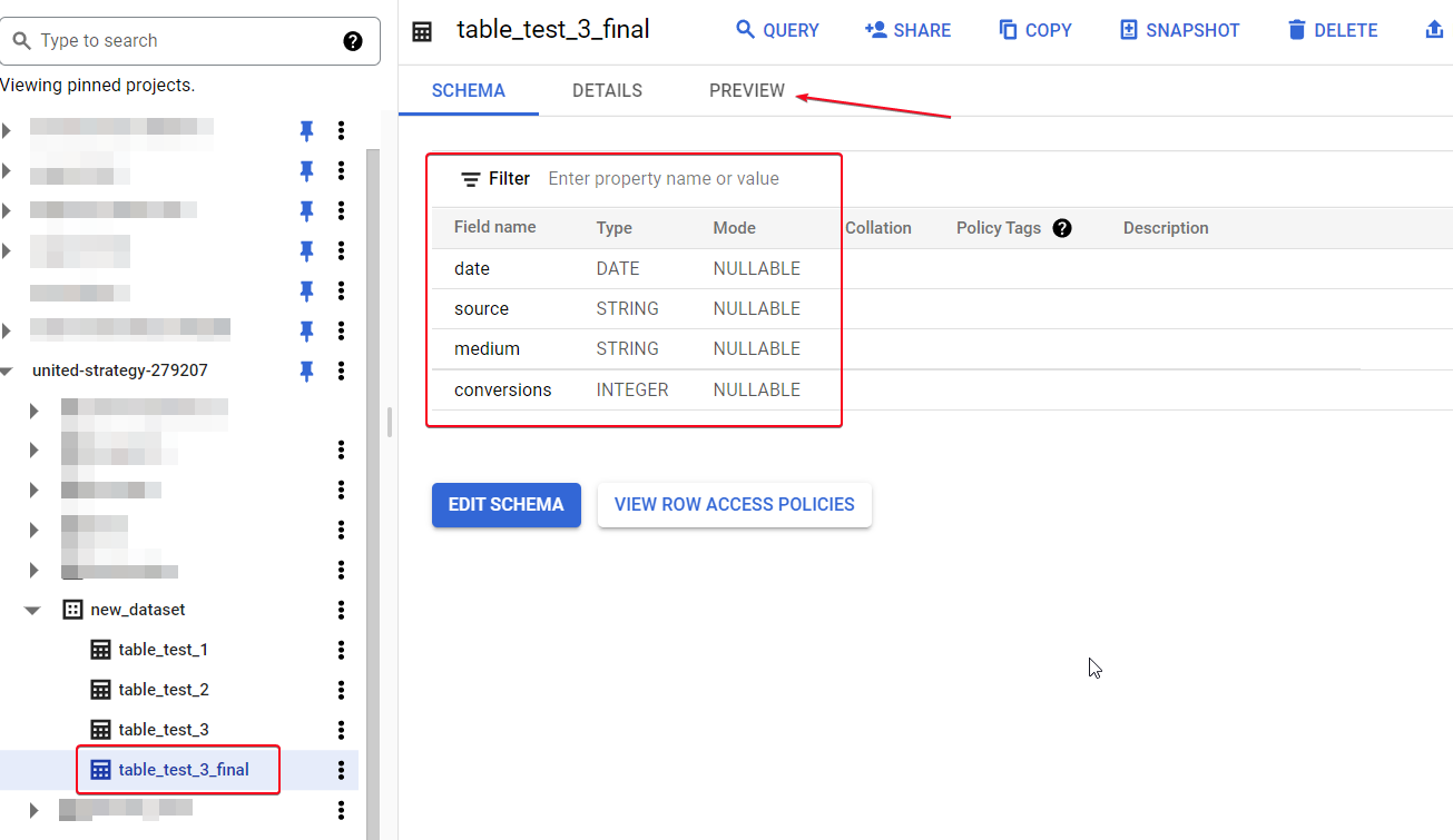 Иллюстрация: Создание таблиц в Google BigQuery через UI, также через оператор CREATE table