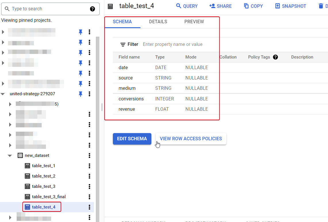 Иллюстрация: Создание таблиц в Google BigQuery через UI, также через оператор CREATE table