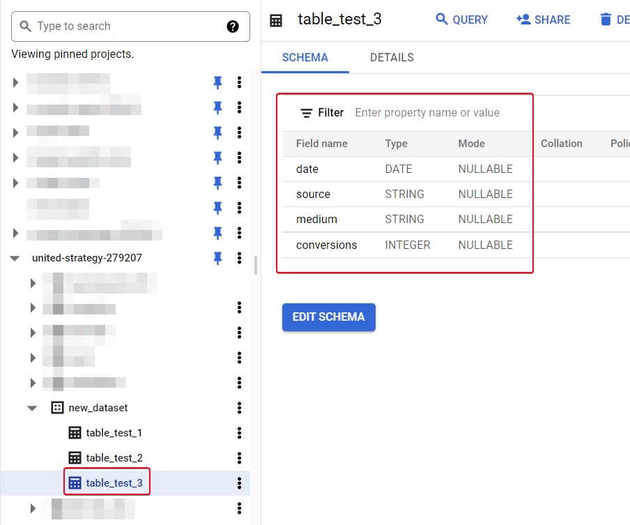 Иллюстрация: Создание таблиц в Google BigQuery через UI, также через оператор CREATE table