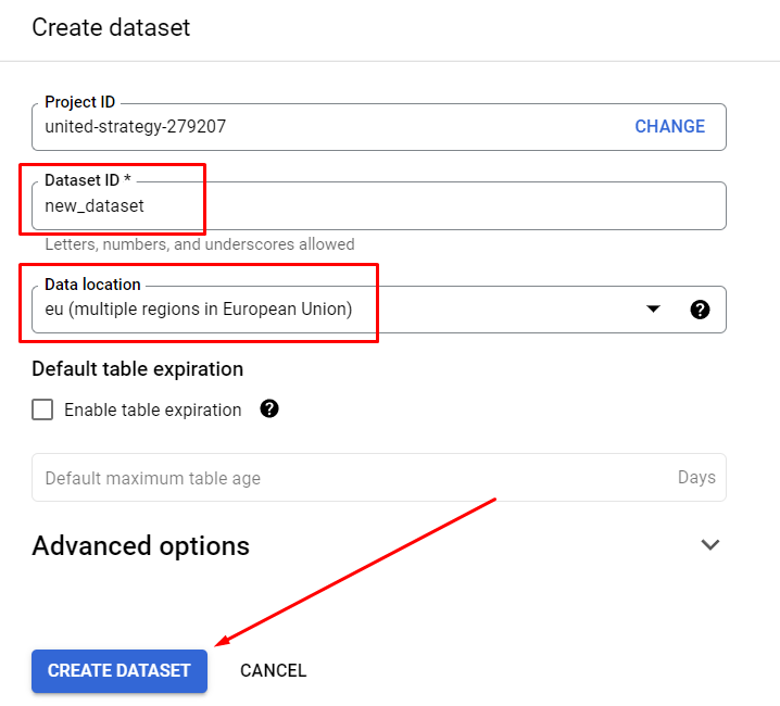 Иллюстрация: Создание таблиц в Google BigQuery через UI, также через оператор CREATE table