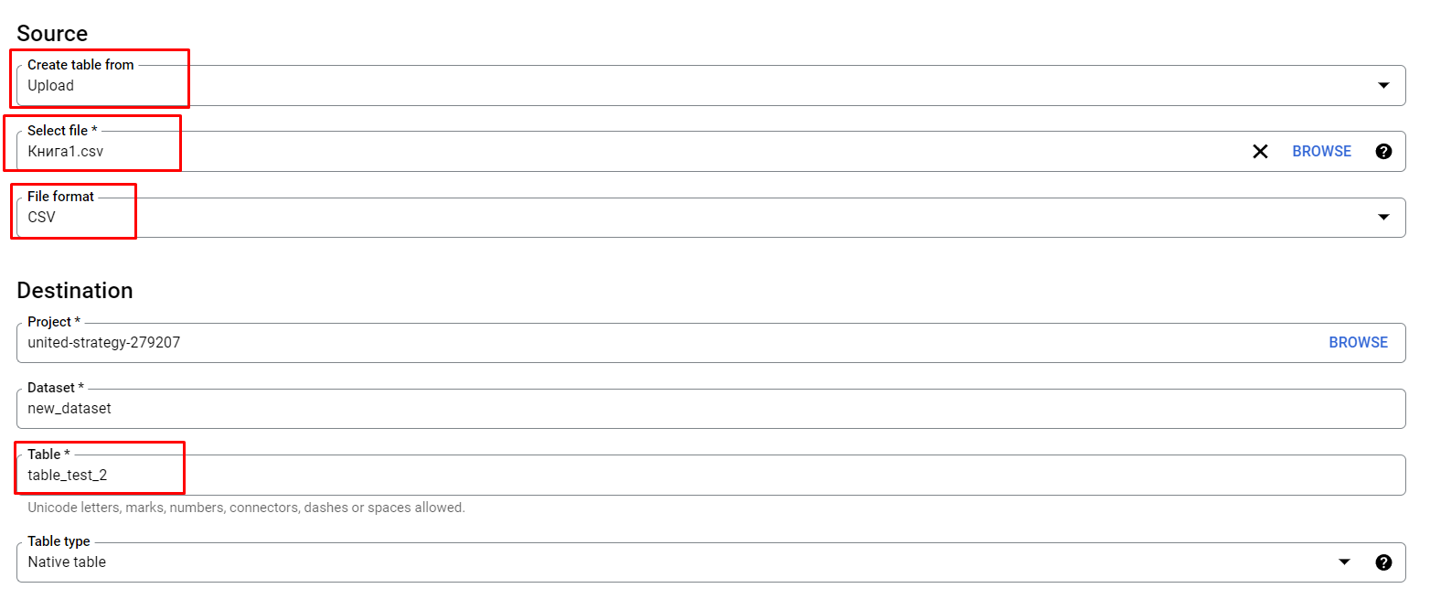Иллюстрация: Создание таблиц в Google BigQuery через UI, также через оператор CREATE table